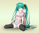  aqua_hair barokkusu blue_eyes bow hair_bow hatsune_miku long_hair no_pants panties sitting solo spread_legs striped striped_panties sweater thighhighs turtleneck twintails underwear very_long_hair vocaloid wariza 