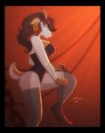  big_breasts blue_eyes breasts brown_hair caprine chain corset ear_piercing earring female goat grace_(spotty_the_cheetah) hair hooves horn horns legwear long_hair looking_at_viewer mammal piercing profile side_view solo spotty_the_cheetah stockings underwear 