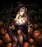  bare_shoulders blonde_hair book breasts covered_nipples curvy dark deneb_rove elbow_gloves gloves hat legs library lips long_hair medium_breasts nabe_(crow's_head) naughty_face pantyhose pumpkin sitting solo tactics_ogre witch_hat 