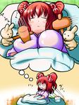  :x breasts bunny dreaming hair_bobbles hair_ornament hammer highres large_breasts mallet moon_rabbit onozuka_komachi red_hair sleeping solo terramaru touhou translation_request 