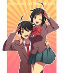  antenna_hair brown_hair couple genderswap red_eyes sakurai_tomoki sakurai_tomoko salute school_uniform sora_no_otoshimono swing wink 