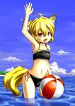  ahoge animal_ears arm_up ball beachball bikini black_bikini blonde_hair fang fox_ears fox_tail giwa navel original red_eyes short_hair side-tie_bikini slit_pupils solo swimsuit tail tankini wading water waving 