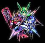  3boys blue_eyes cape fafnir forehead_jewel gem green_eyes gun harpuia helmet kunai leviathan_(rockman) multiple_boys nezitobi open_mouth phantom_(rockman) red_eyes rockman rockman_zero sword weapon 