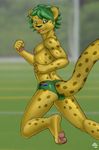  2010 charon2 feline green_eyes green_hair leopard looking_back male mascot pants raised_tail running solo south_africa tail world_cup zakumi 