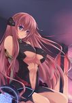  bare_shoulders blue_eyes breasts iroha_(unyun) large_breasts long_hair megurine_luka pink_hair sitting solo underboob vocaloid 