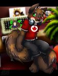  2010 blush canada canadian computer green_eyes headphones inuki keyboard looking_at_viewer male maple_leaf raccoon shirt shorts sitting solo tail teeth 