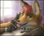  &dagger; anthro canine claws collar countershading cum fox licking looking_at_viewer male mammal nose pawpads paws piercing rainbow sofa solo teeth tongue window wristband zen 