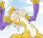  anthro breasts canine countershading digimon female fox furry gradient gradient_background large_breasts mammal nude open_mouth raised_arm renamon sky solo standing 