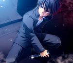  black_hair blue_eyes blue_hair gakuran knife male_focus nanaya_shiki reverse_grip school_uniform solo squatting toono_shiki tsukihime uraomote 