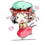  &gt;_&lt; animal_ears blush_stickers cat cat_ears cat_tail chen chibi closed_eyes food hat multiple_tails musical_note newspaper onigiri open_mouth running shichinose short_hair solo tail touhou 