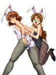  animal_ears ass blue_eyes blush brown_eyes brown_hair bunny_ears bunny_girl bunny_tail bunnysuit glasses highres ibis_douglas kneepits legs long_hair multiple_girls one_eye_closed pantyhose shunzou super_robot_wars tail tsugumi_takakura wrist_cuffs 