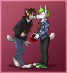  &hearts; anthro brown_hair canine chocolate chocolates chuck_taylor_all_stars converse couple dog duo eyes_closed flower gay green_hair hair jeans kissing male mammal mohawk rose short_hair skinny_jeans spookaboo 