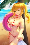  1girl absurdres artist_request bangs bare_shoulders beach bikini blonde_hair blush breasts cleavage closed_mouth collarbone criss-cross_halter fate/extra fate/grand_order fate_(series) green_eyes hair_between_eyes hair_intakes halterneck highres innertube large_breasts long_hair looking_at_viewer navel nero_claudius_(fate)_(all) nero_claudius_(swimsuit_caster)_(fate) ocean palm_tree red_bikini side-tie_bikini smile solo striped striped_bikini swimsuit tree twintails 