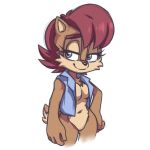  2019 anthro bare_chest blue_eyes bottomless cheek_tuft chest_tuft chipmunk clothed clothing featureless_crotch female ground_squirrel half-closed_eyes hand_on_hip mammal open_vest plagueofgripes portrait rodent sally_acorn sciurid simple_background smile solo sonic_(series) standing three-quarter_portrait tuft vest white_background 