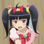  bi_no_ossan black_hair blush cosplay derivative_work earrings gloves gokou_ruri hoshikuzu_witch_meruru jewelry long_hair magical_girl meruru_(oreimo) meruru_(oreimo)_(cosplay) mole mole_under_eye open_mouth ore_no_imouto_ga_konna_ni_kawaii_wake_ga_nai red_eyes solo star twintails 