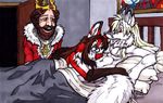  anthro beard bed bedroom blonde_hair brown_hair burger_king canine crown cuddle door female fenrir_lunaris fox green_eyes hair human king male mustache pillow red_eyes royalty straight the_burger_king trio what where_is_your_god_now 