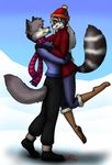  canine duo female hat hug male mammal raccoon romantic snow unknown_artist warm winter wolf 