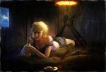  artist_request blonde_hair boots bottle breasts cleavage dahlia_mason lying medium_breasts official_art on_bed on_stomach realistic short_hair shorts silent_hill silent_hill:_shattered_memories solo striped striped_legwear thighhighs 