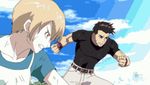  2boys animated animated_gif black_hair blonde_hair explosion fighting fist_bump halo_(game) halo_legends helmet lowres monster multiple_boys non-web_source source_request spartan 