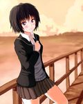  6mg amagami bad_id bad_pixiv_id black_eyes bob_cut bridge cardigan dusk hand_on_own_chest head_tilt highres nanasaki_ai railing school_uniform short_hair skirt solo sweater_vest 