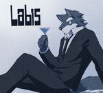  anthro beverage blue_eyes brute canine classy clothing drink fur grey_fur jacket male mammal necktie pants pose shirt sitting smart solo suit white_fur wolf 