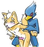  abs avian balls bird blush canine colored couple cum cumshot erection eyes_closed falco_lombardi falcon fox fox_mccloud from_behind gay green_eyes hands-free male minus8 nude open_mouth orgasm penis raised_tail sex standing star_fox tail tongue video_games white_background 