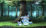  azumarill azurill family feral forest grass marill nintendo open_mouth outside pemyu pok&#233;mon pok&eacute;mon smile tongue tree video_games water wood 