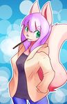  fur green_eyes hair hoodie japanese jeans mammal novsilv pink_fur pocky purple_hair rodent solo squirrel squirrel? 