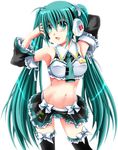  alternate_costume armpits detached_sleeves frills green_eyes green_hair hatsune_miku headset long_hair midriff necktie otoki_raku panties pantyshot ribbon solo thighhighs twintails underwear upskirt very_long_hair vocaloid 