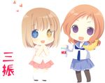  banana chibi food fruit fukuji_mihoko heterochromia holding holding_food holding_fruit kazekoshi_school_uniform kiyosumi_school_uniform multiple_girls pantyhose saki school_uniform serafuku takei_hisa tokumi_yuiko 