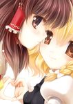  blonde_hair bow braid brown_eyes brown_hair close-up face face-to-face hair_bow hair_tubes hakurei_reimu hands heart heart_hands heart_hands_duo kirisame_marisa multiple_girls profile side_braid touhou tsukasaki_aoi 