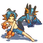  antenna_hair blue_hair gen_3_pokemon goggles hitec male_focus male_swimwear moemon open_mouth orange_eyes orange_hair personification pokemon pokemon_(creature) smile spread_legs swampert swim_trunks swimwear topless 