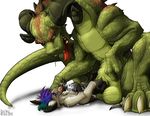  balls big_balls blue_eyes brown brown_eyes brown_markings claws crux cum dragon drool footjob gay green hindpaw horns humanoid_penis licking male multicolored_hair open_mouth saliva scalie sheath size_difference slate_(artist) tongue 