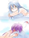  &gt;_&lt; :&lt; after_sex afterglow bed beni_shouga blue_hair blush closed_eyes covering_face embarrassed giving_up_the_ghost green_eyes hair_ribbon hiiragi_kagami izumi_konata long_hair lucky_star lying messy_hair mole mole_under_eye multiple_girls nude on_stomach pillow pillow_hug purple_hair ribbon ruined_for_marriage smile twintails yuri 