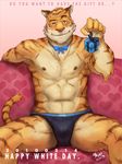  2010 bow_tie bulge ear_tufts feline gift looking_at_viewer male muscles nick300 nipples sofa solo tail tiger topless underwear white_day 