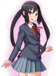  black_hair brown_eyes k-on! long_hair nakano_azusa neck_ribbon pinkwaters red_ribbon ribbon school_uniform skirt solo twintails 