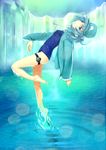  barefoot blue_eyes blue_hair feet hair_bobbles hair_ornament hat jacket kawashiro_nitori key mossari_poteto no_pants one-piece_swimsuit ripples school_swimsuit short_hair solo standing swimsuit swimsuit_under_clothes touhou track_jacket twintails two_side_up water waterfall wet 