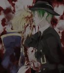  arc_system_works blazblue blazblue:_calamity_trigger blonde_hair blood coat green_hair hat hazama jin_kisaragi kisaragi_jin lick licking maka_(morphine) yaoi 