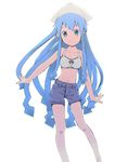  blue_eyes blue_hair bra casual denim denim_shorts hat ikamusume long_hair looking_at_viewer midriff navel shinryaku!_ikamusume shorts smile solo tentacle_hair underwear yunsuku 