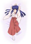  blue_hair bow dakimakura full_body furude_rika highres higurashi_no_naku_koro_ni japanese_clothes lmo long_hair lying miko on_back purple_eyes smile socks solo 