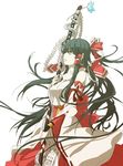  adapted_costume alternate_costume bare_shoulders black_hair bow brown_eyes detached_sleeves flower gauntlets gohei hair_bow hakurei_reimu hirasaka_ine katana long_hair shide solo sword touhou weapon 