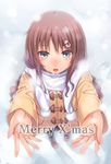  aqua_eyes blush brown_hair chobipero christmas coat hair_ornament hairclip highres loafers long_hair merry_christmas open_mouth original outstretched_arms outstretched_hand scarf shoes snow snowman_hair_ornament solo white_scarf winter_clothes 