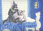 2002 anal anal_penetration ankh anthro anubian_jackal anubis balls bed canid canine canis deity duo egyptian egyptian_mythology erection furniture genitals inside jackal kacey male male/male male_penetrated male_penetrating male_penetrating_male mammal middle_eastern_mythology mythology nude on_bed penetration penis pillow sculpture sex statue tail tongue unknown_species 
