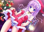  blue_eyes breasts choker christmas christmas_tree cleavage dutch_angle hair_ornament hairpin hat mihama_hitsuji moribe_(rabumanyo) natsu_yume_nagisa panties purple_hair skirt skirt_lift small_breasts solo striped striped_panties underwear 