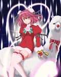  alpaca bandages bun_cover chinese_clothes christmas cuffs double_bun flower flx grass_mud_horse ibaraki_kasen pink_hair red_eyes short_hair snow solo thighhighs touhou 