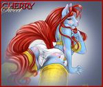  background_gradient bethany_sellers blue blue_body blush bra butt cherry clothed clothing equine female gradient_background grey_background hair horse long_hair mammal my_little_pony panties plain_background pony red_hair skimpy solo tail underwear vera 