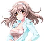  absurdres blazer breasts cleavage hairband hands_on_hips highres jacket koshimizu_takayuki large_breasts memories_off memories_off_6 open_clothes open_shirt pink_hair shirt smile solo taut_clothes taut_shirt toomine_ririsu yellow_eyes 