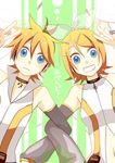  1girl aqua_eyes arm_warmers blonde_hair brother_and_sister detached_sleeves grin hair_ornament hair_ribbon hairclip headphones kagamine_len kagamine_len_(append) kagamine_rin kagamine_rin_(append) ribbon ryou_(fallxalice) short_hair siblings smile twins vocaloid vocaloid_append 