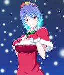  blue_hair blush breasts capelet cleavage embarrassed gradient_hair h-new leaf medium_breasts multicolored_hair red_capelet red_eyes santa_costume short_hair slit_pupils solo touhou yasaka_kanako 