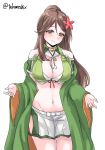  1girl amagi_(kantai_collection) bare_shoulders breasts brown_eyes brown_hair cleavage_cutout commentary_request detached_sleeves flower furisode green_legwear hair_flower hair_ornament high_ponytail highres hip_vent japanese_clothes kantai_collection kimono large_breasts leaf_hair_ornament light_smile long_hair looking_at_viewer midriff miniskirt mole mole_under_eye navel ponytail remodel_(kantai_collection) sidelocks skirt solo standing stomach takomeshi thighhighs twitter_username white_background wide_ponytail 